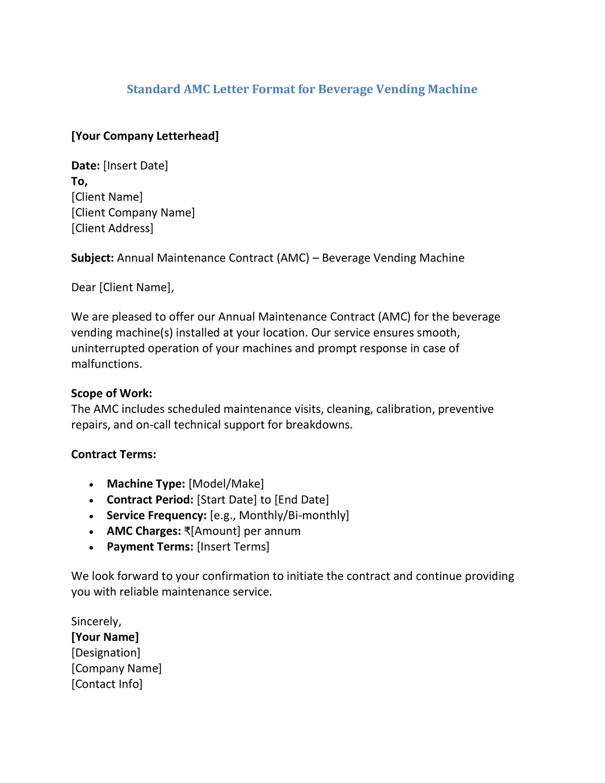 Standard AMC Letter Format for Beverage Vending Machine