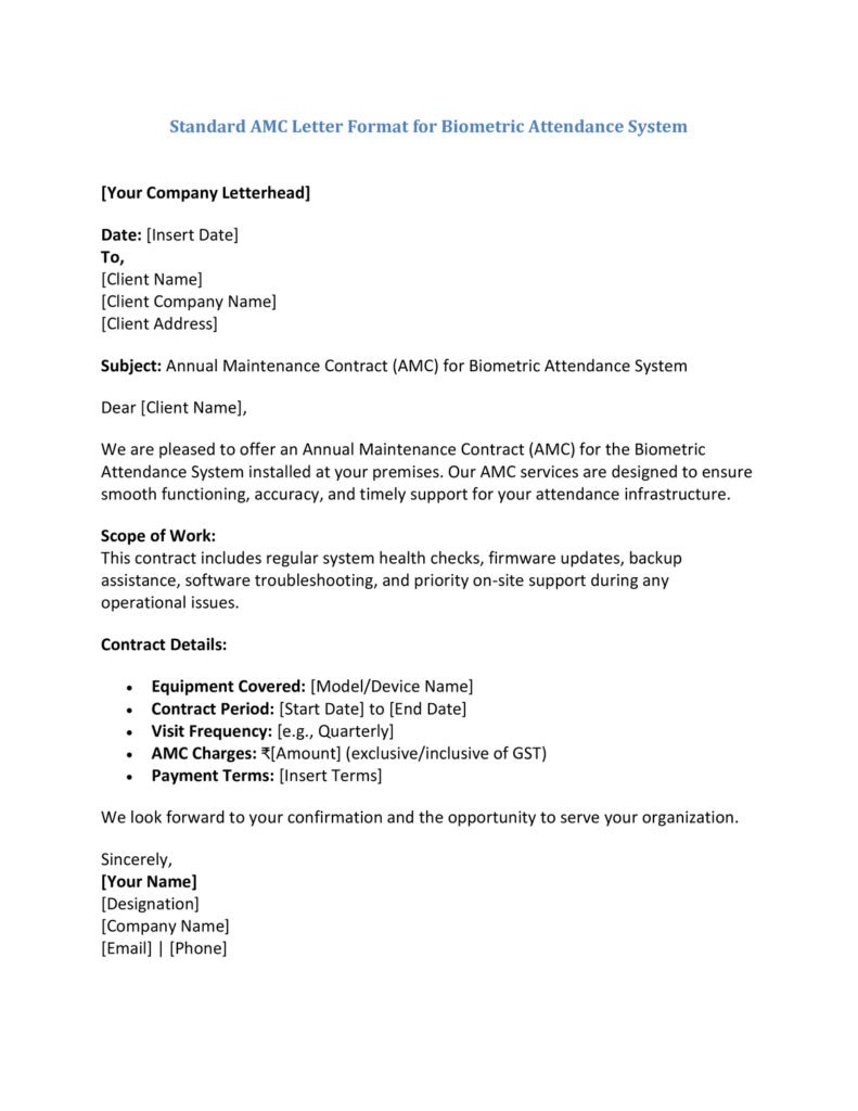 AMC Letter Format for Biometric Attendance System (5 Templates ...