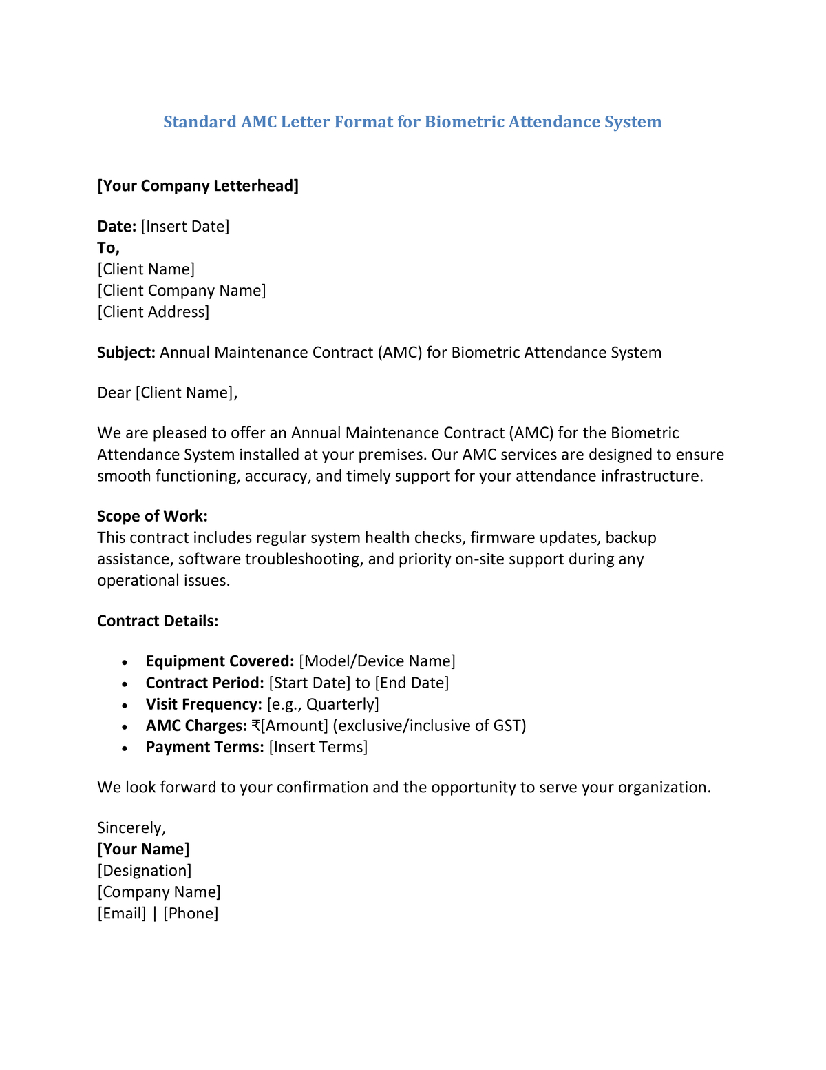 Standard AMC Letter Format for Biometric Attendance System