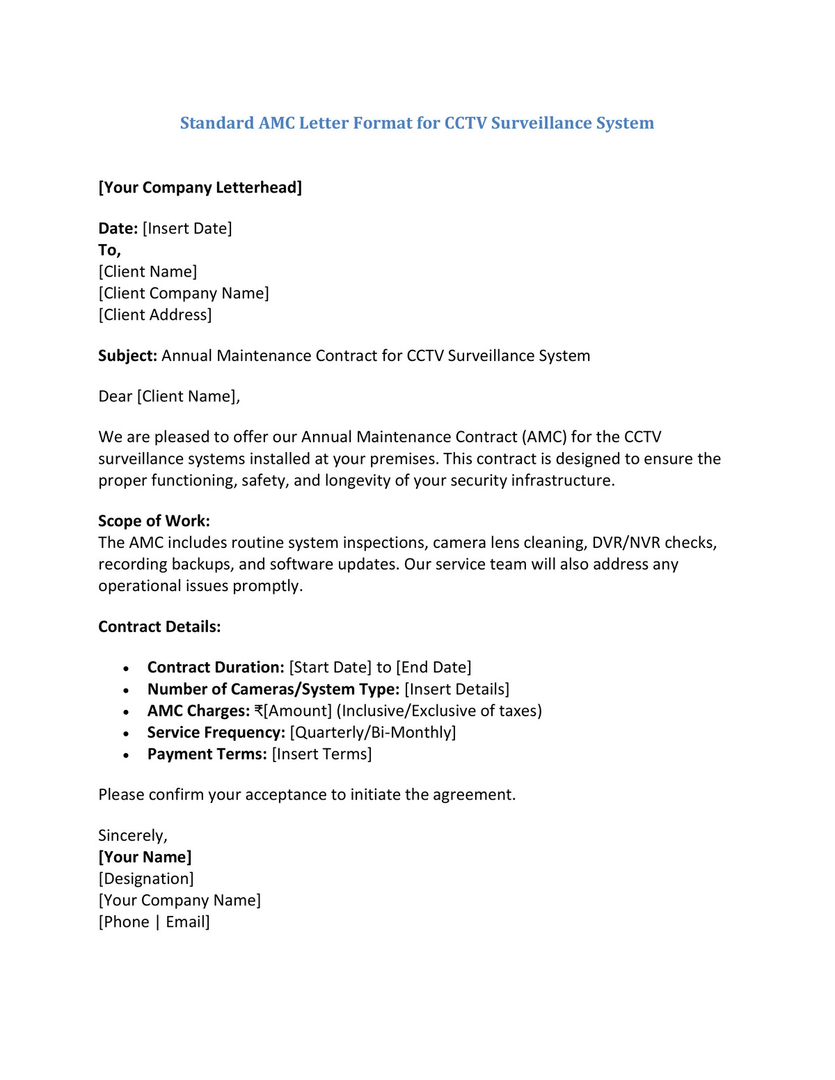 Standard AMC Letter Format for CCTV Surveillance System