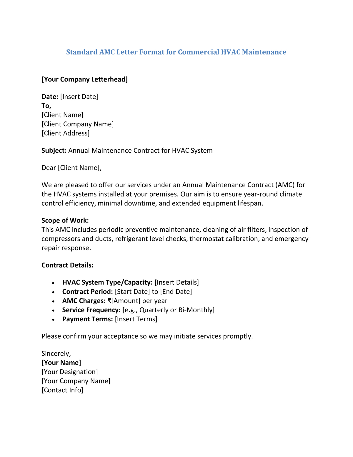 Standard AMC Letter Format for Commercial HVAC Maintenance