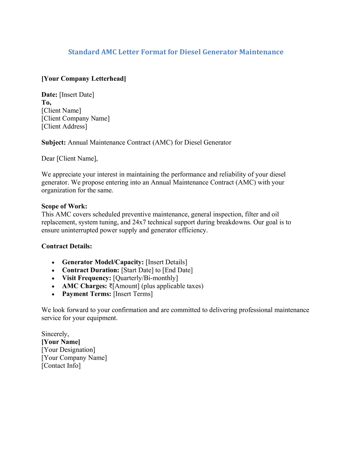 Standard AMC Letter Format for Diesel Generator Maintenance