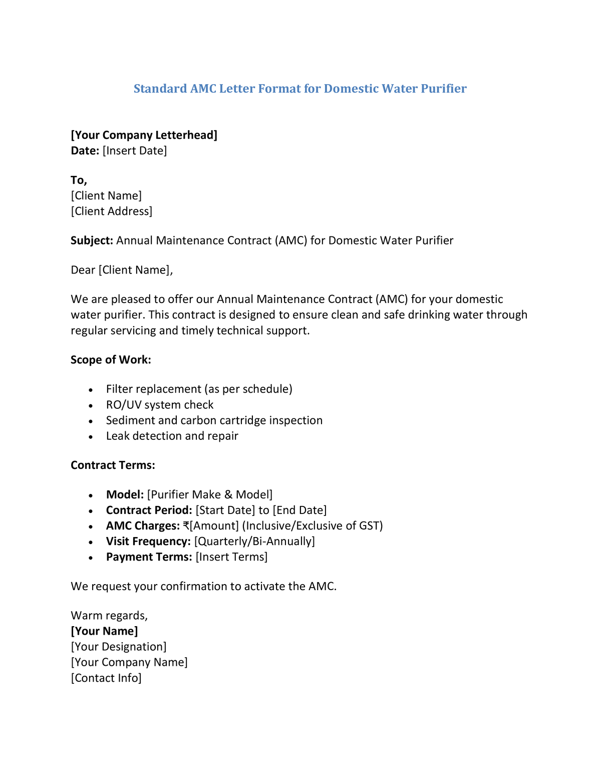 Standard AMC Letter Format for Domestic Water Purifier