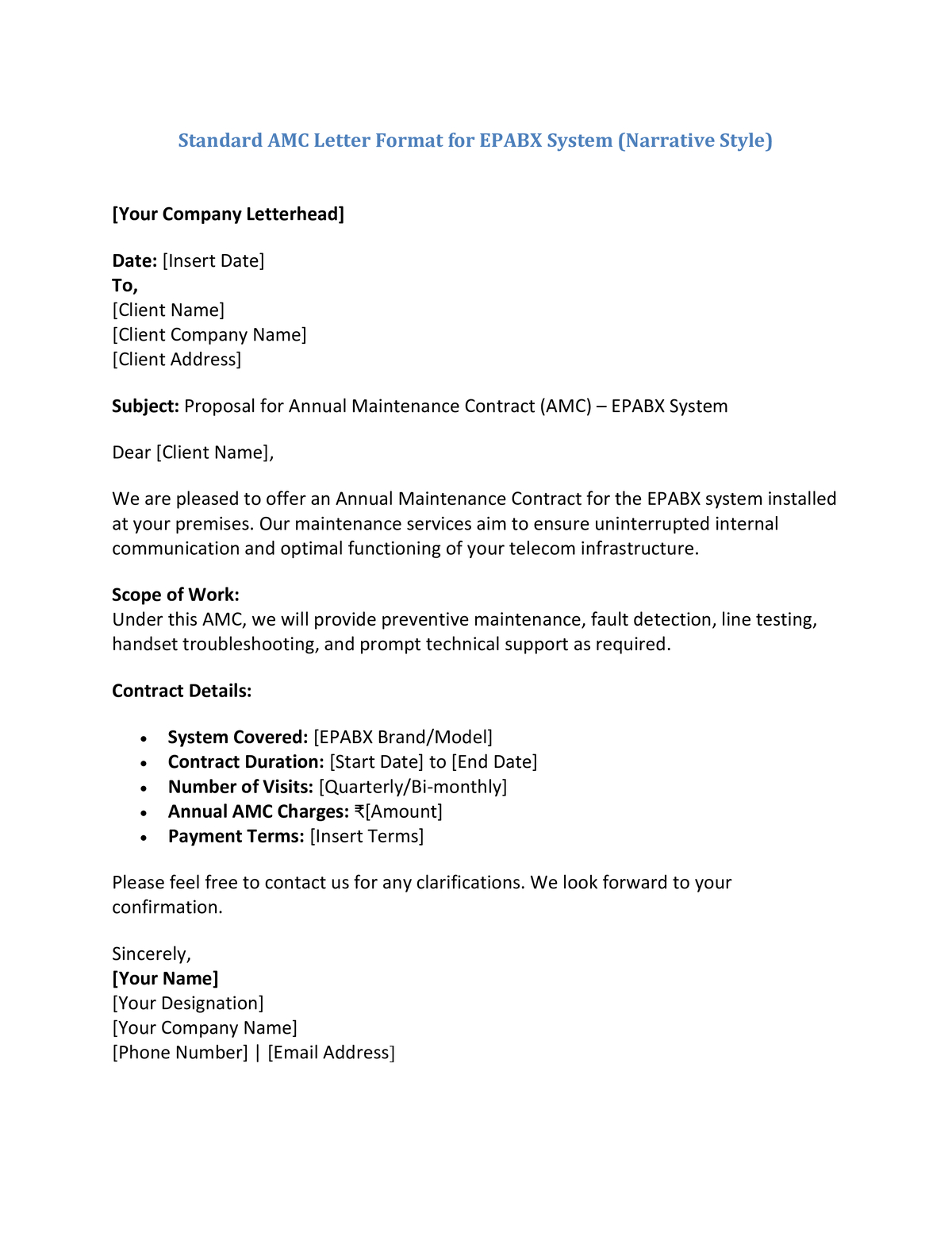 Standard AMC Letter Format for EPABX System (Narrative Style)