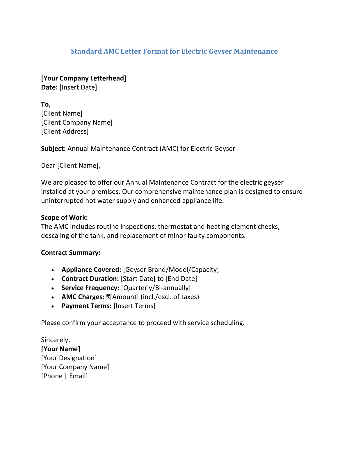 Standard AMC Letter Format for Electric Geyser Maintenance