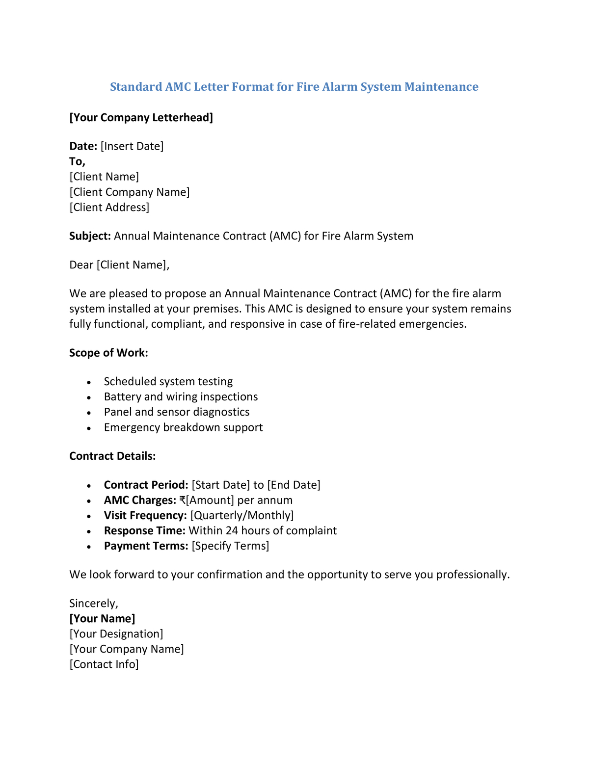 Standard AMC Letter Format for Fire Alarm System Maintenance
