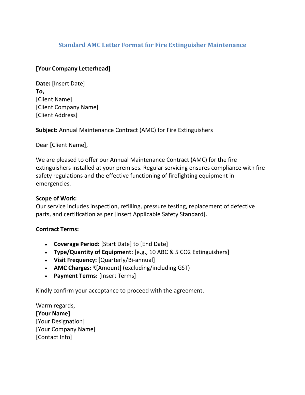 Standard AMC Letter Format for Fire Extinguisher Maintenance