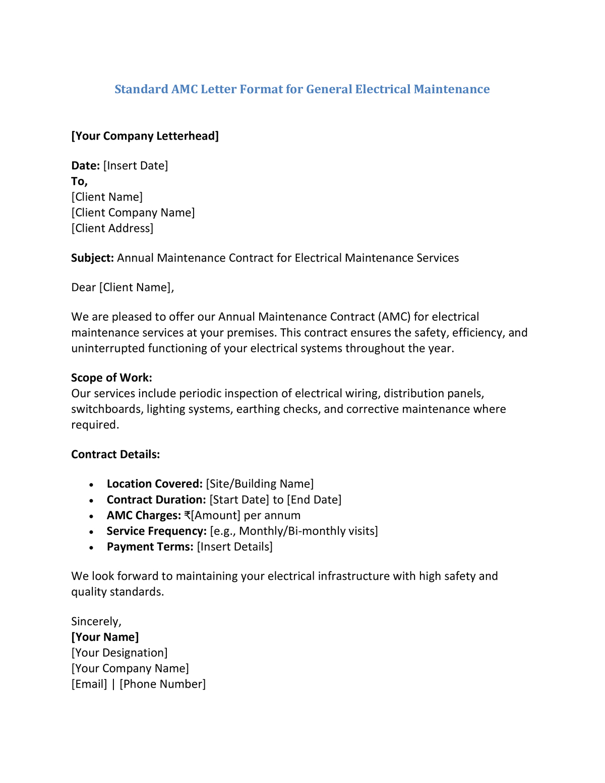 Standard AMC Letter Format for General Electrical Maintenance