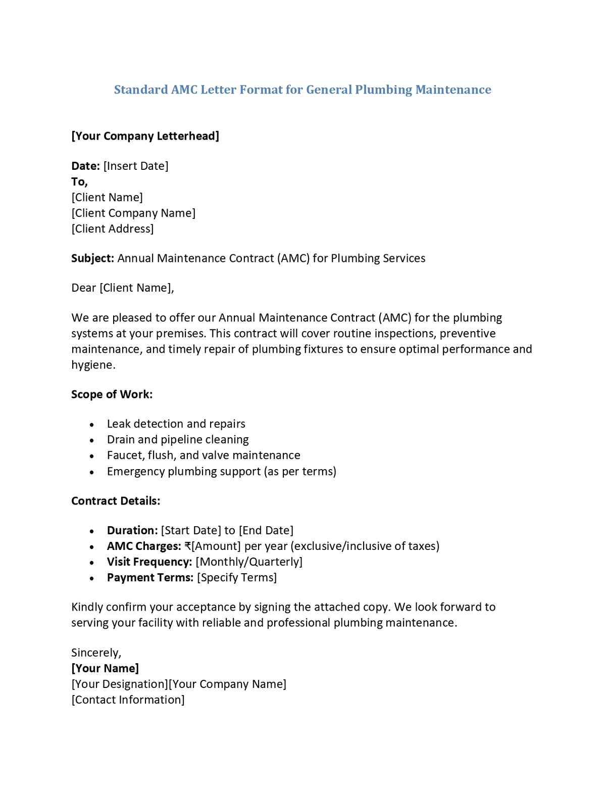 Standard AMC Letter Format for General Plumbing Maintenance