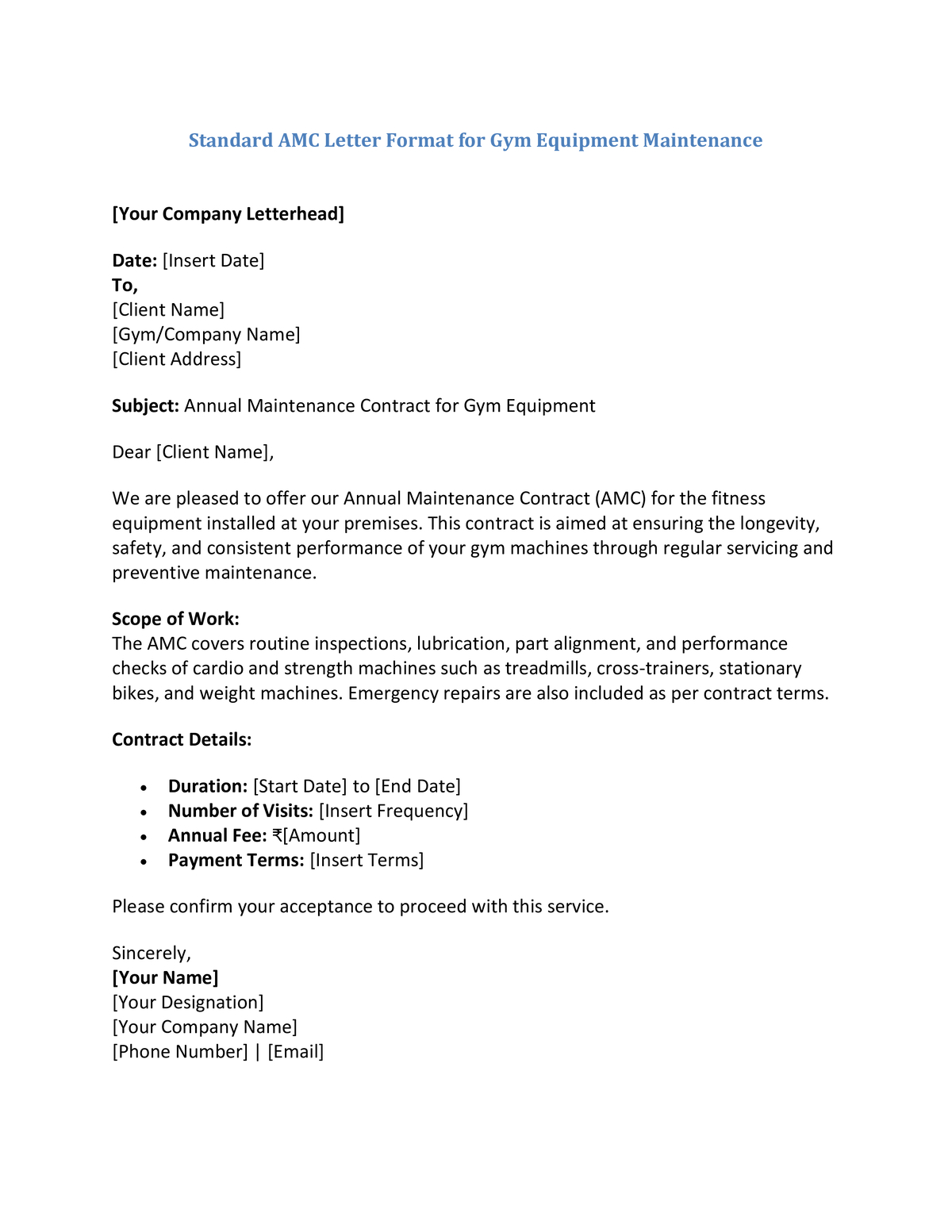 Standard AMC Letter Format for Gym Equipment Maintenance
