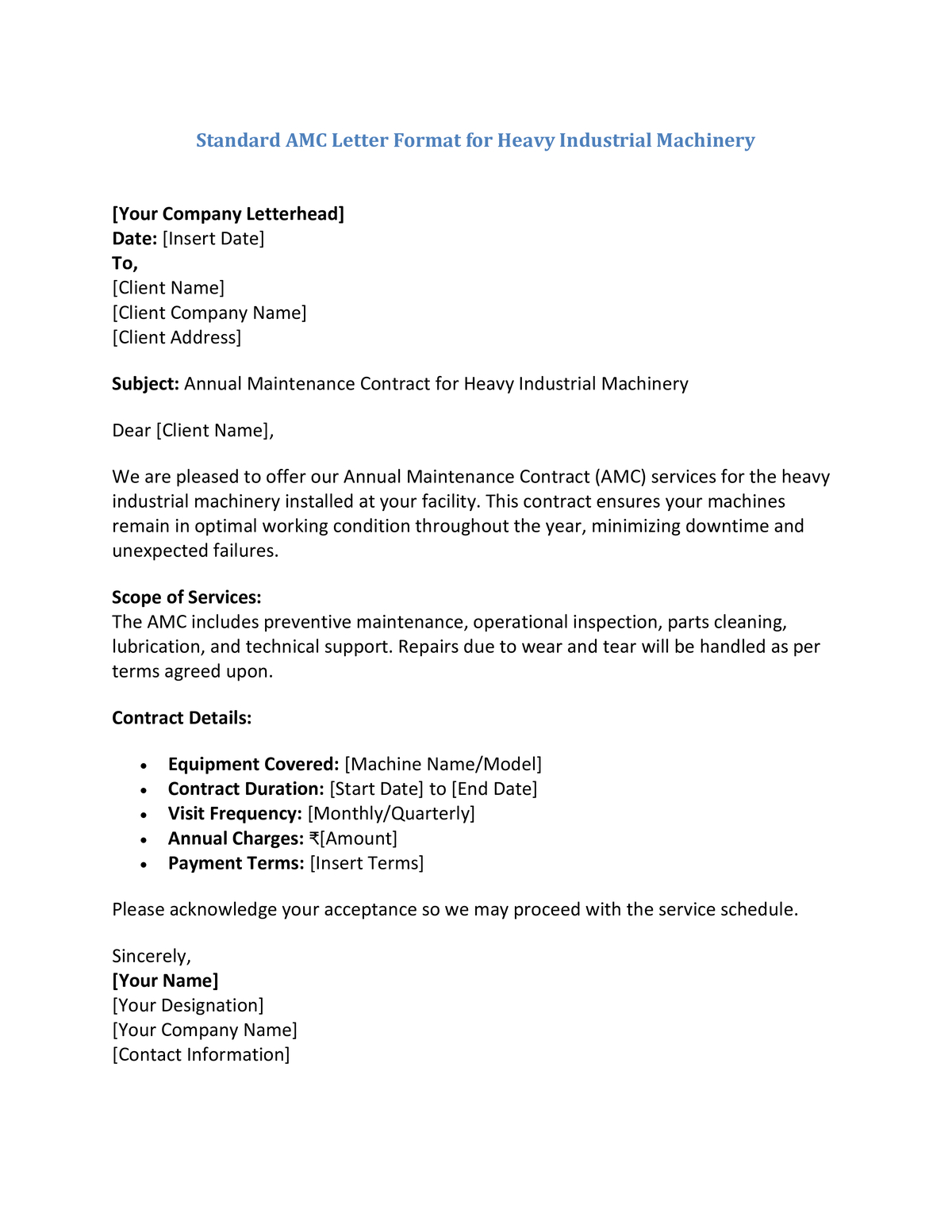 Standard AMC Letter Format for Heavy Industrial Machinery