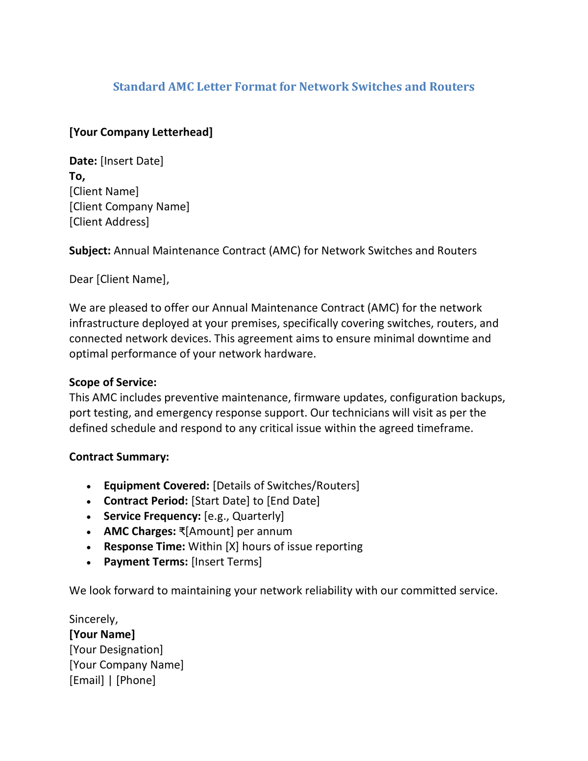Standard AMC Letter Format for Network Switches and Routers