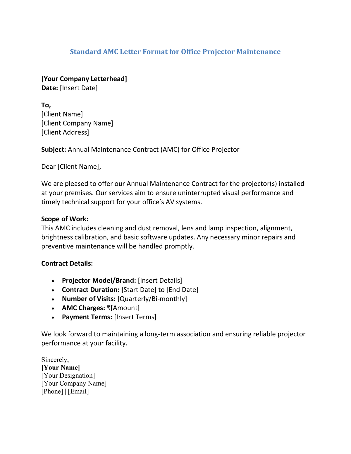 Standard AMC Letter Format for Office Projector Maintenance