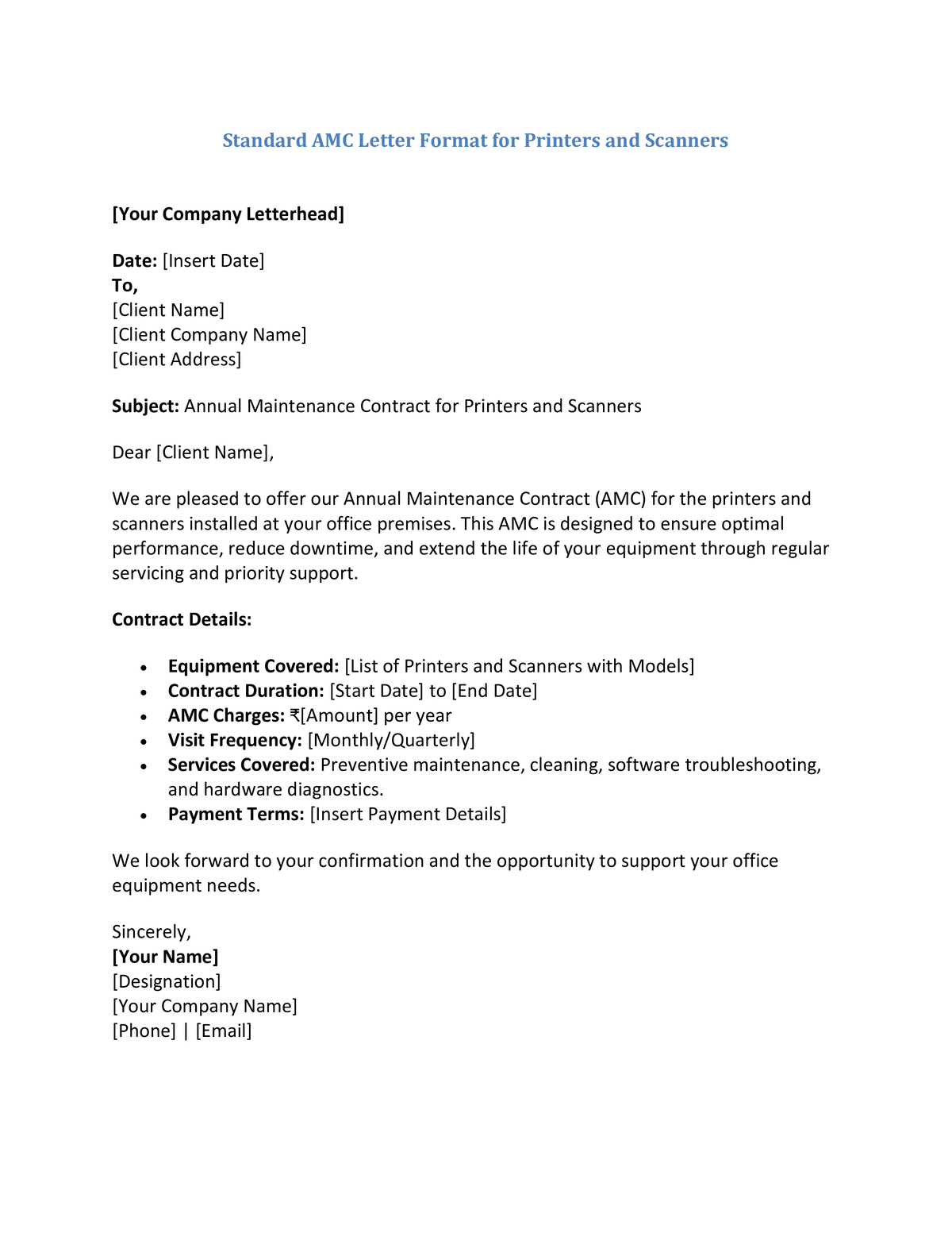 Standard AMC Letter Format for Printers and Scanners