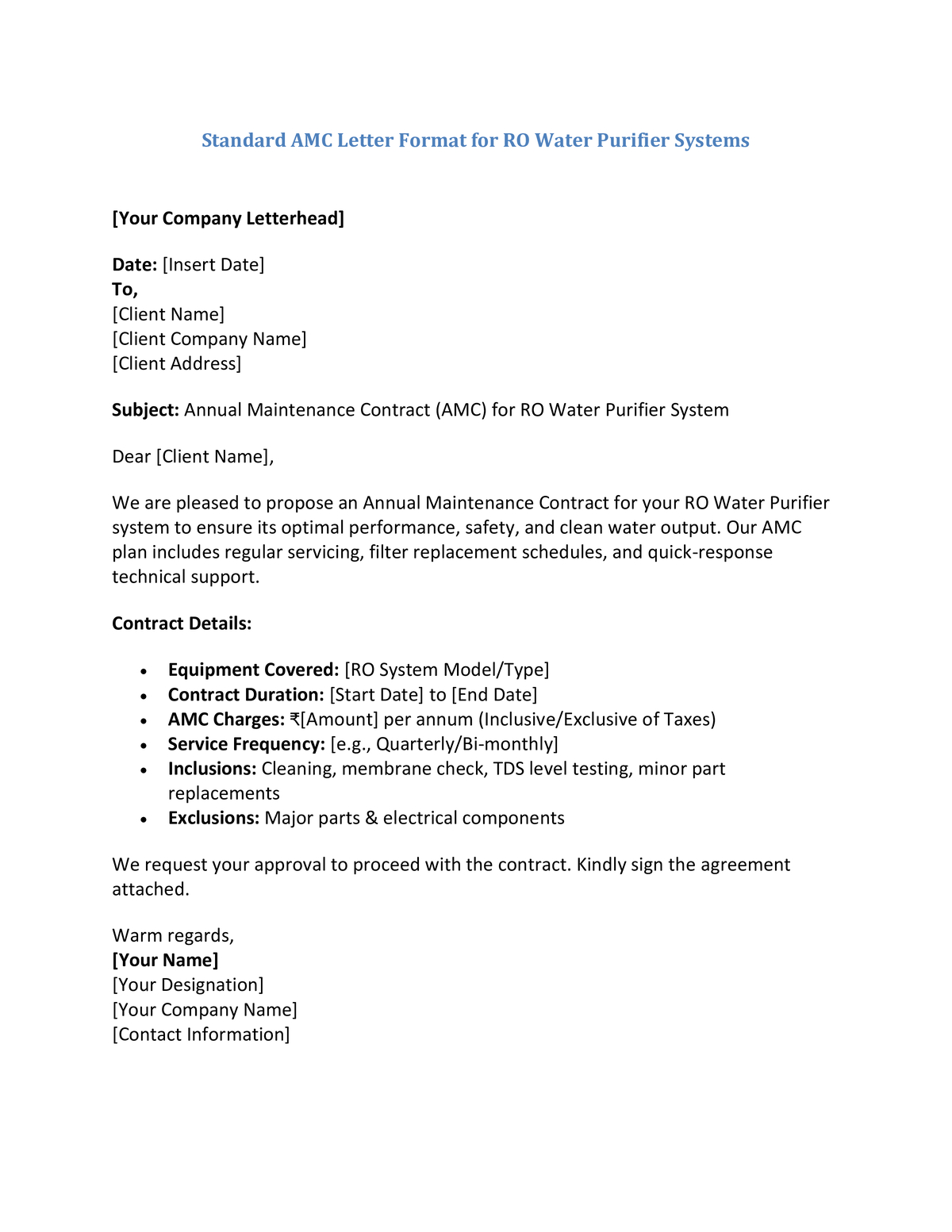 Standard AMC Letter Format for RO Water Purifier Systems.