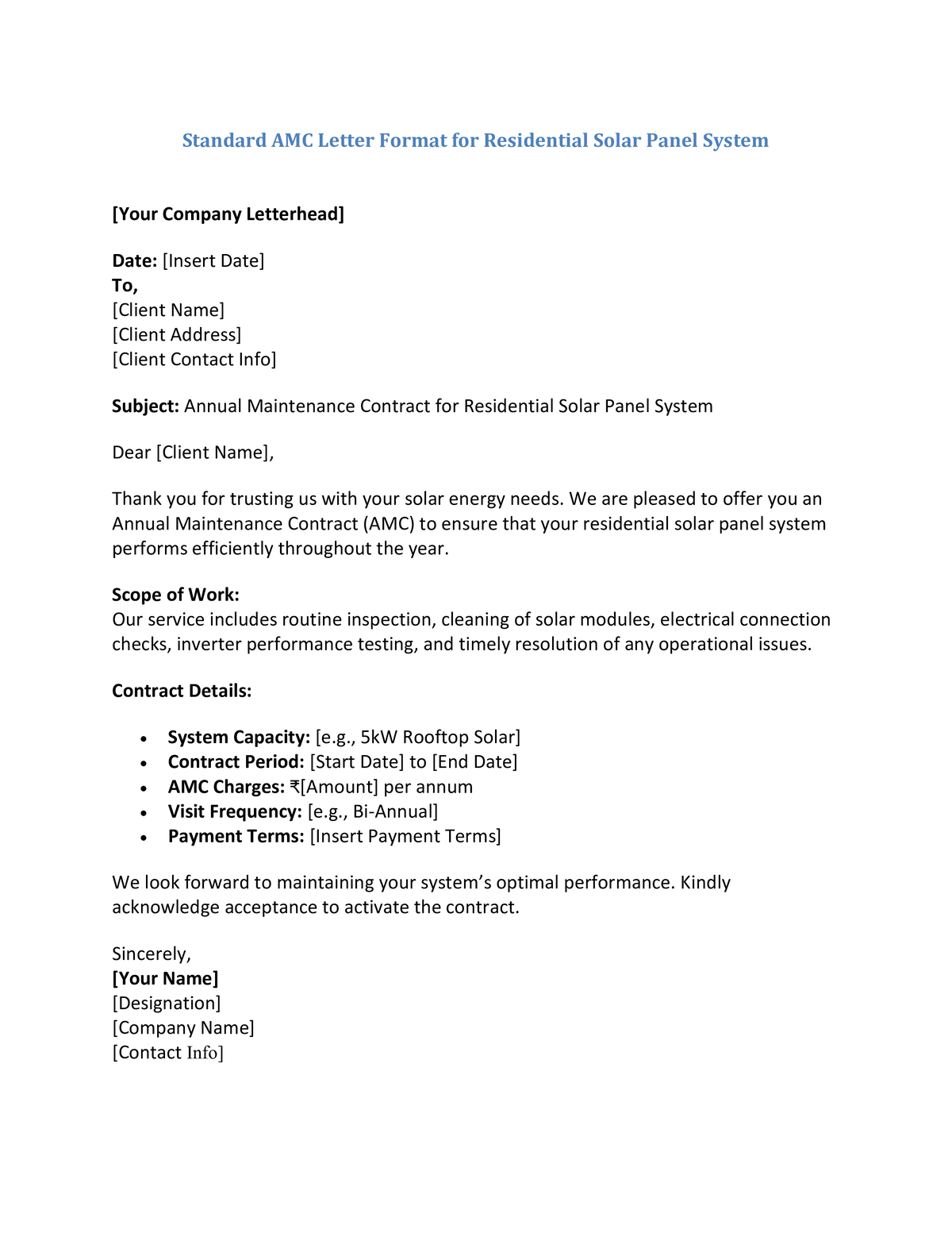 Standard AMC Letter Format for Residential Solar Panel System