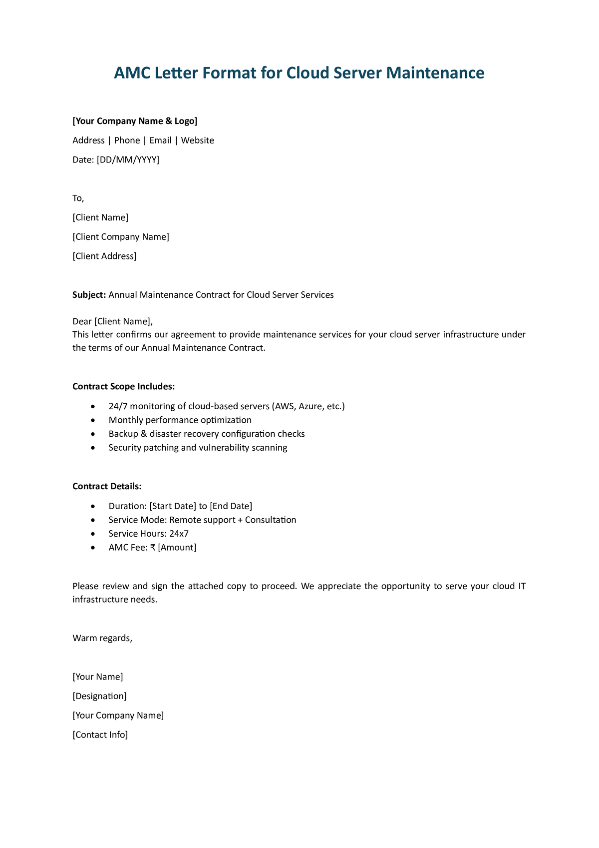 Standard AMC Letter Format for Server
