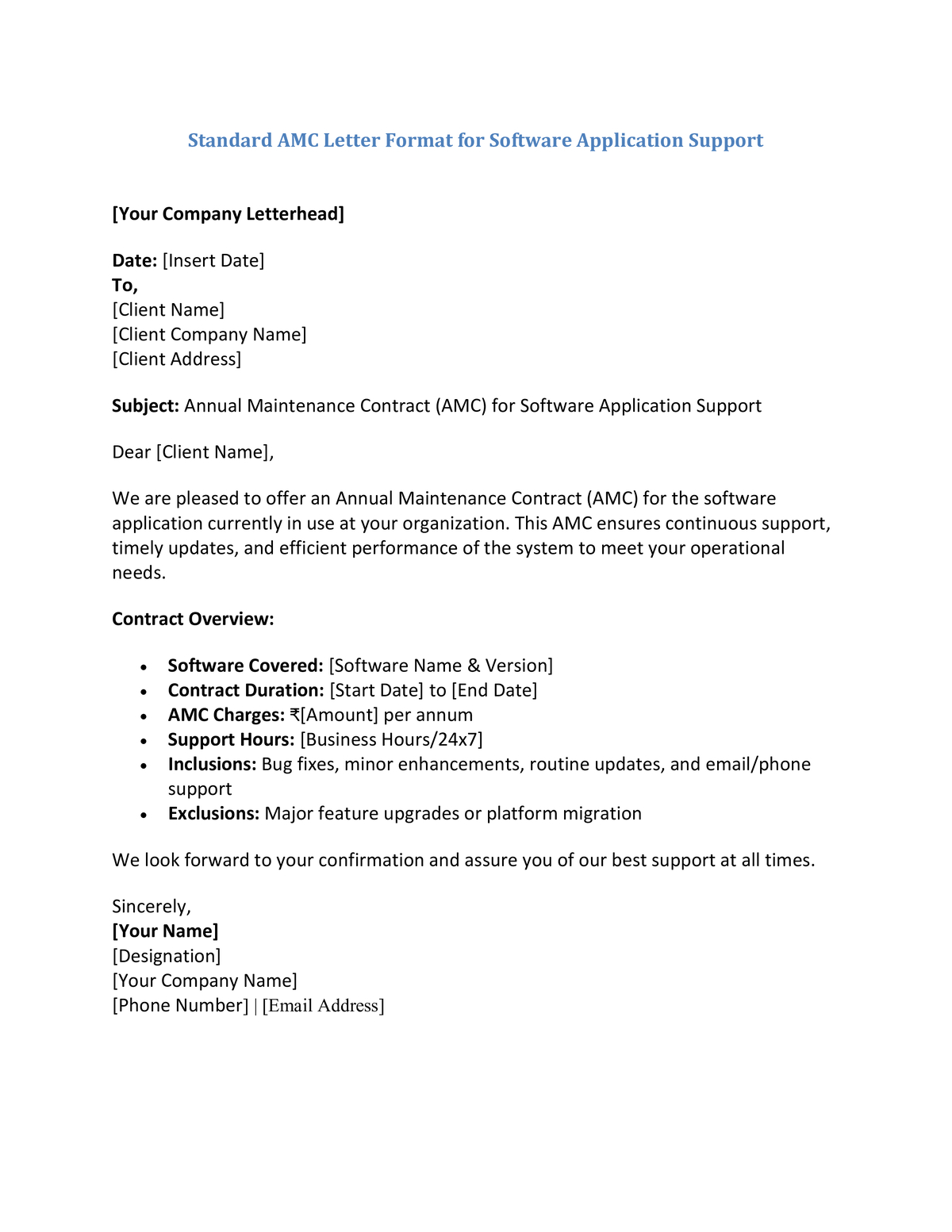 Standard AMC Letter Format for Software Application Support