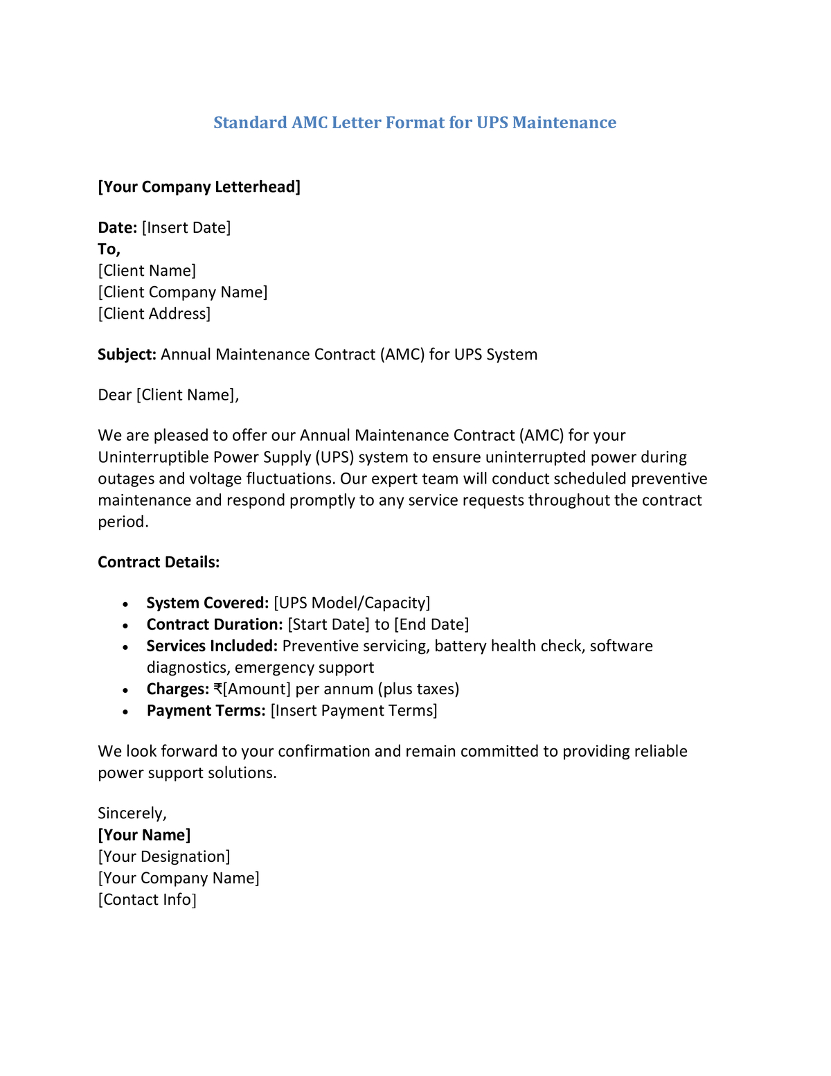 Standard AMC Letter Format for UPS Maintenance