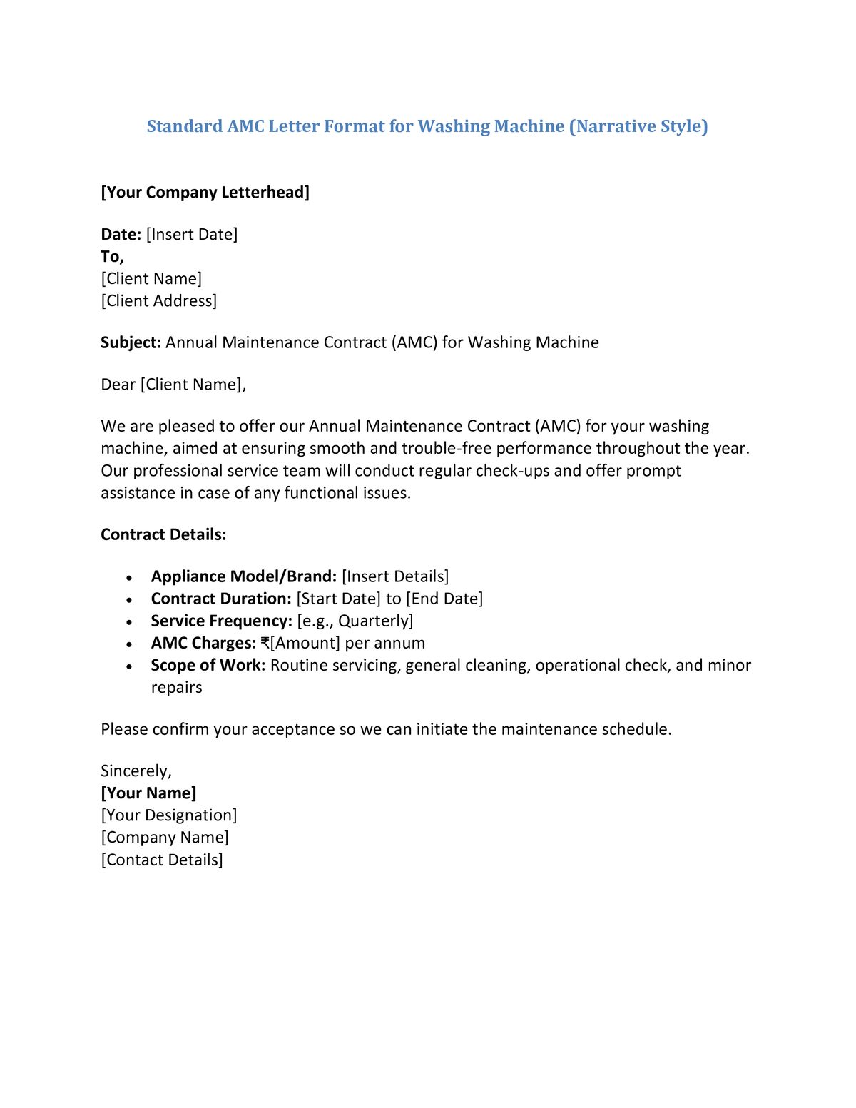 Standard AMC Letter Format for Washing Machine