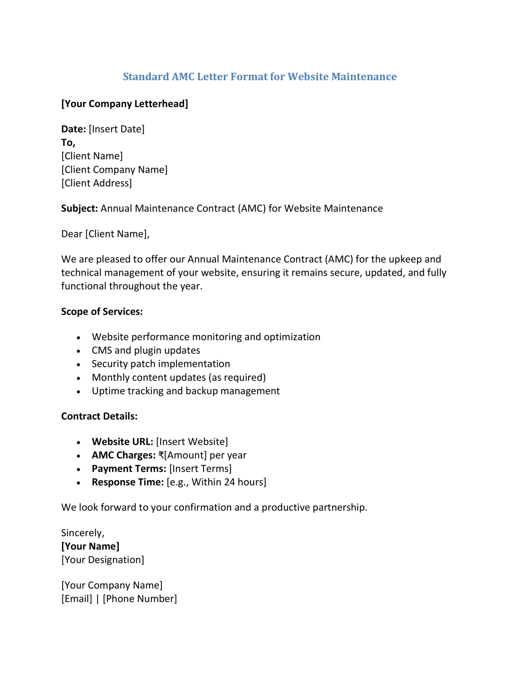 Standard AMC Letter Format for Website Maintenance