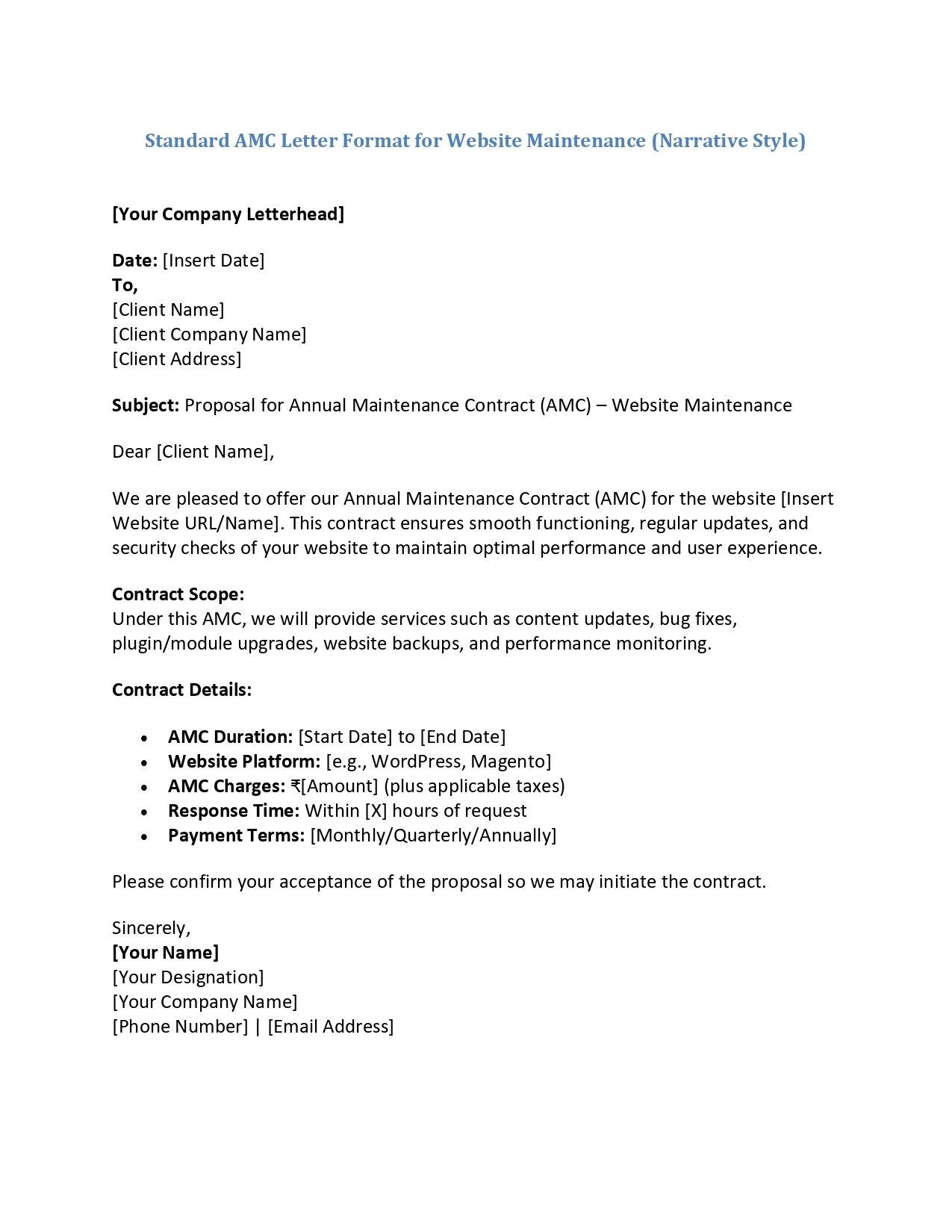 Standard AMC Letter Format for Website Maintenance