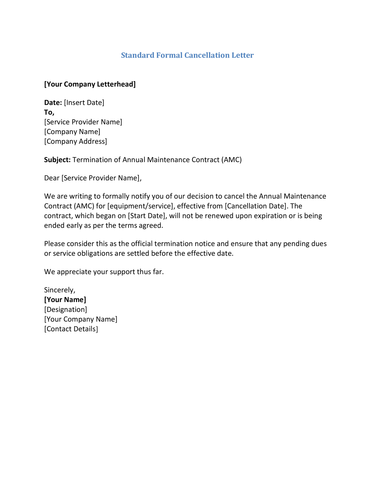 Standard Formal Cancellation Letter