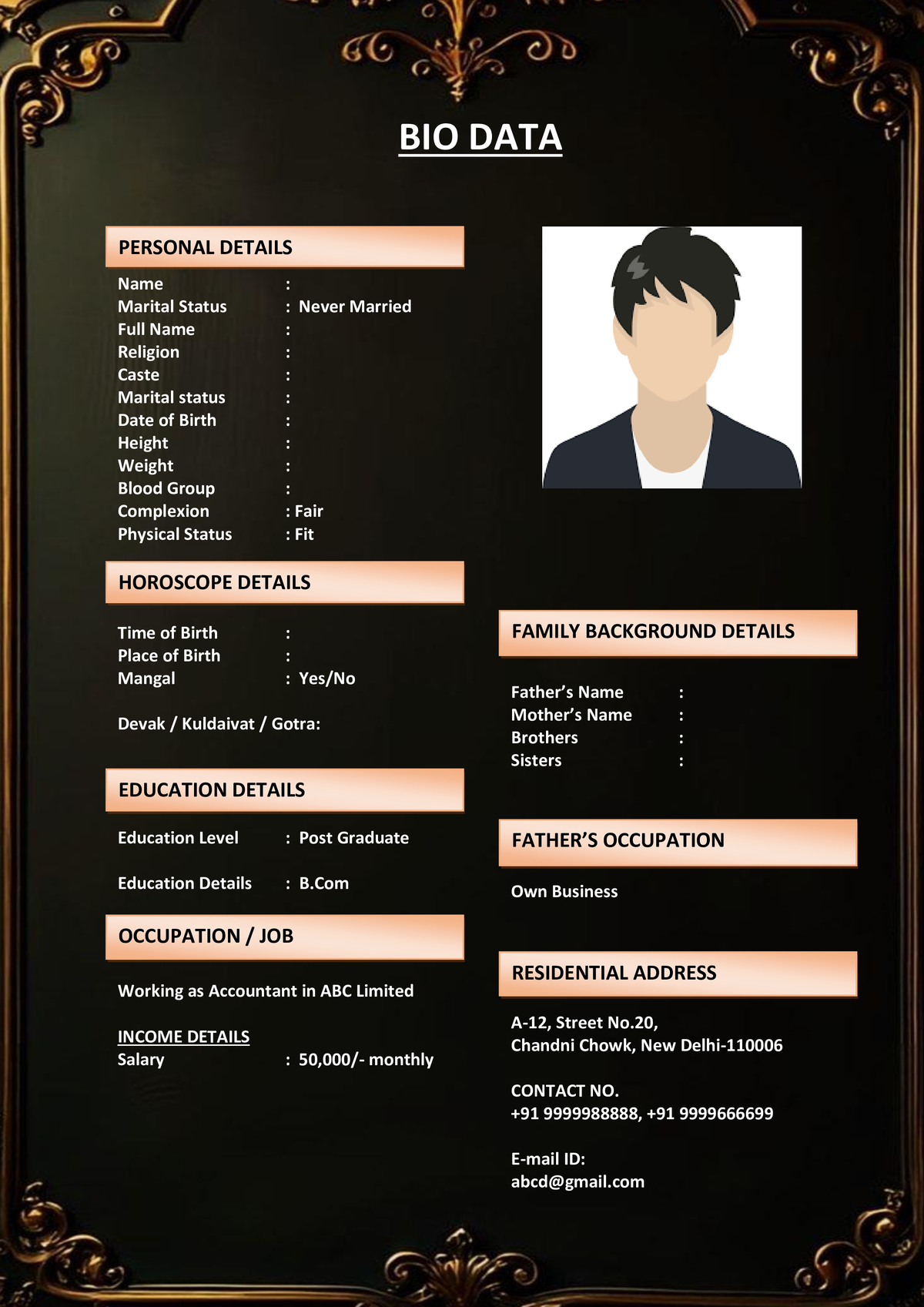 Widow, Widower Marriage Biodata Template