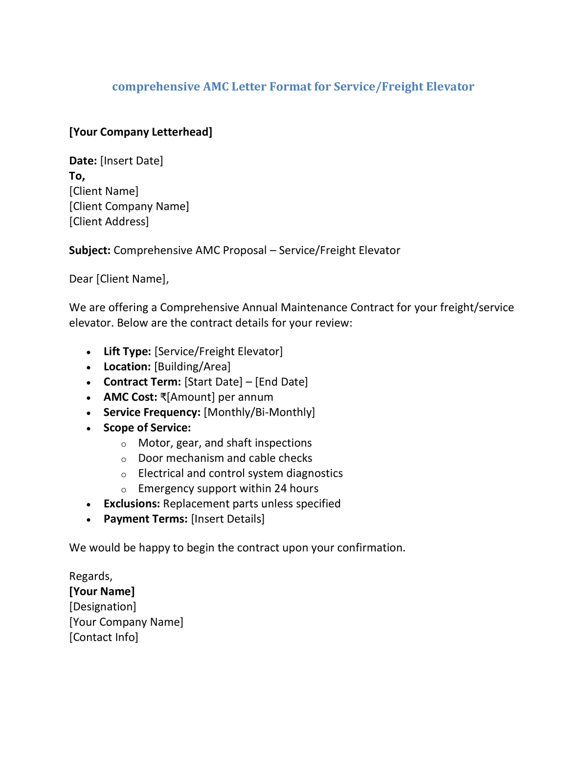 comprehensive AMC Letter Format for Service Freight Elevator