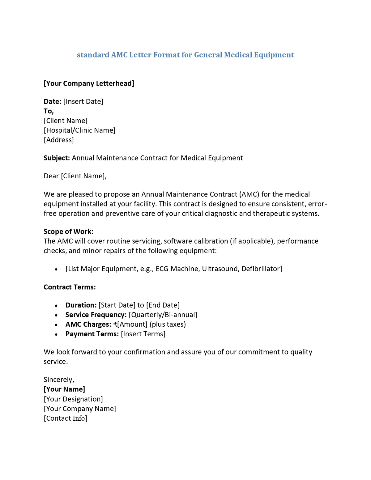 standard AMC Letter Format for General Medical Equipment