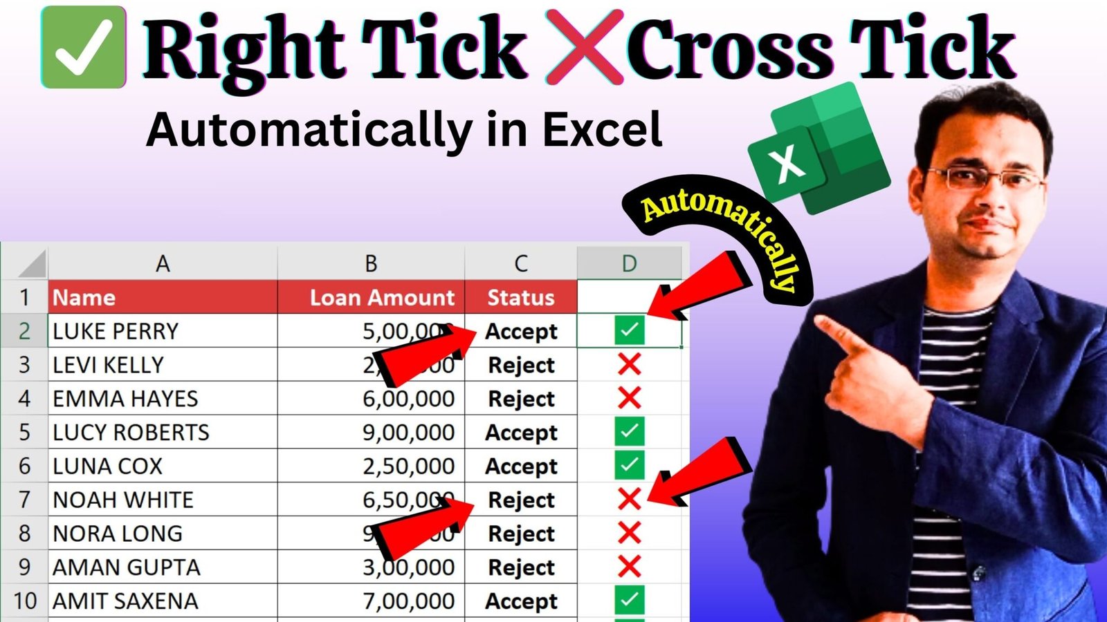 Right Tick Cross Tick for Accept or Reject in Excel Automatic (Using IF ...