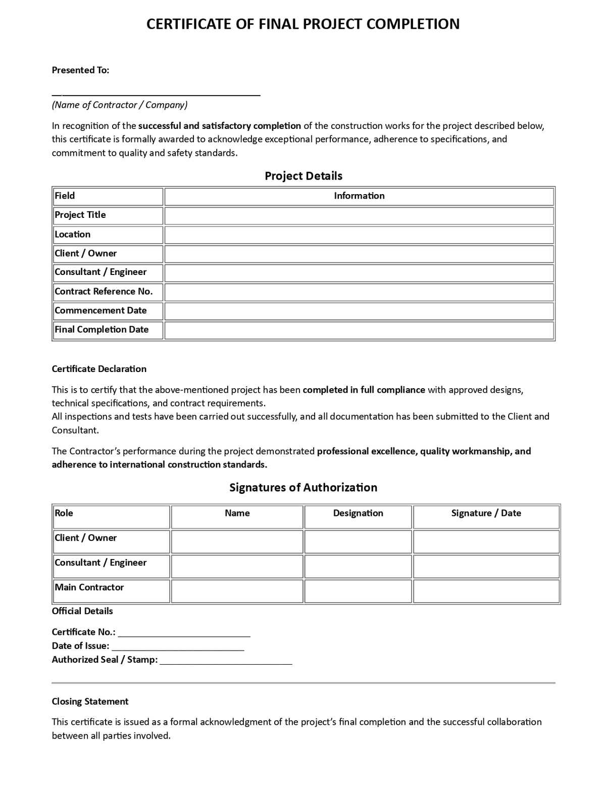 Certificate Of Final Project Completion