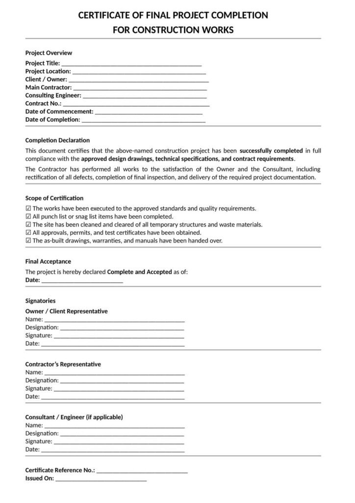 (5 Free) Certificate of Final Completion Construction Work - Editable ...