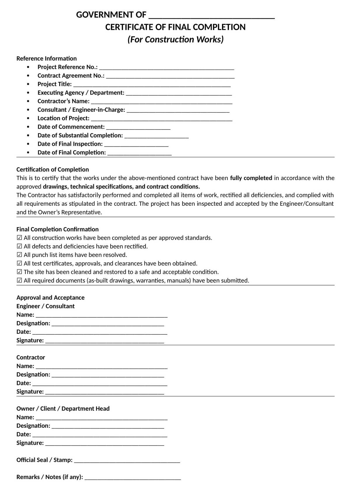 Government Certificate of final completion for construction works