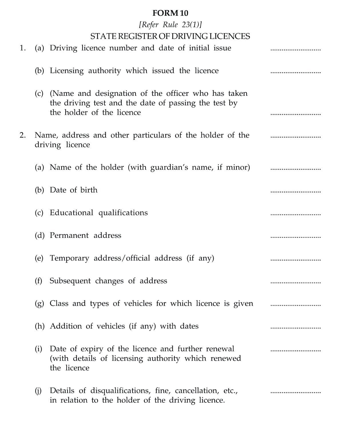 Driving License Form 10 Download State Register of Driving Licence