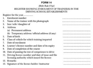Driving License Form 14 Download Register showing the Enrolment of Trainee(s) in the Driving School Establishments