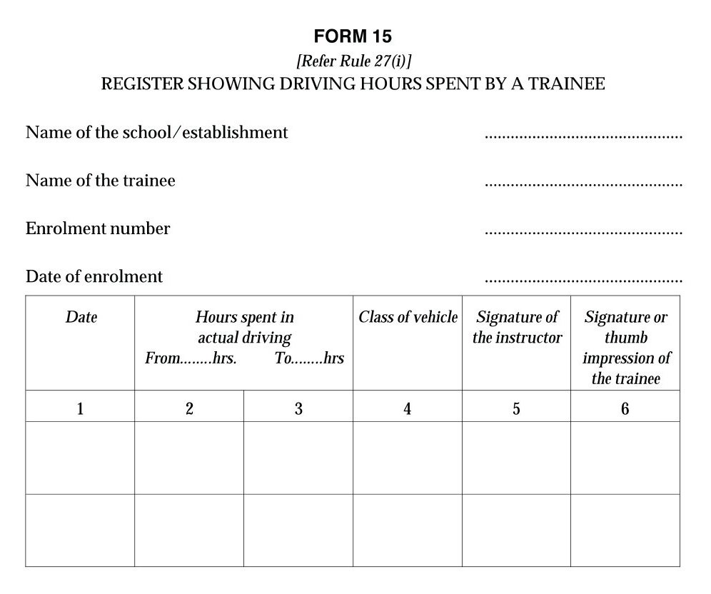 Driving License Form 15 Download Register Showing the Driving Hours spent by a Trainee