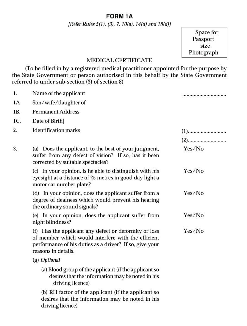 Driving License Form-1A Download Medical certificate
