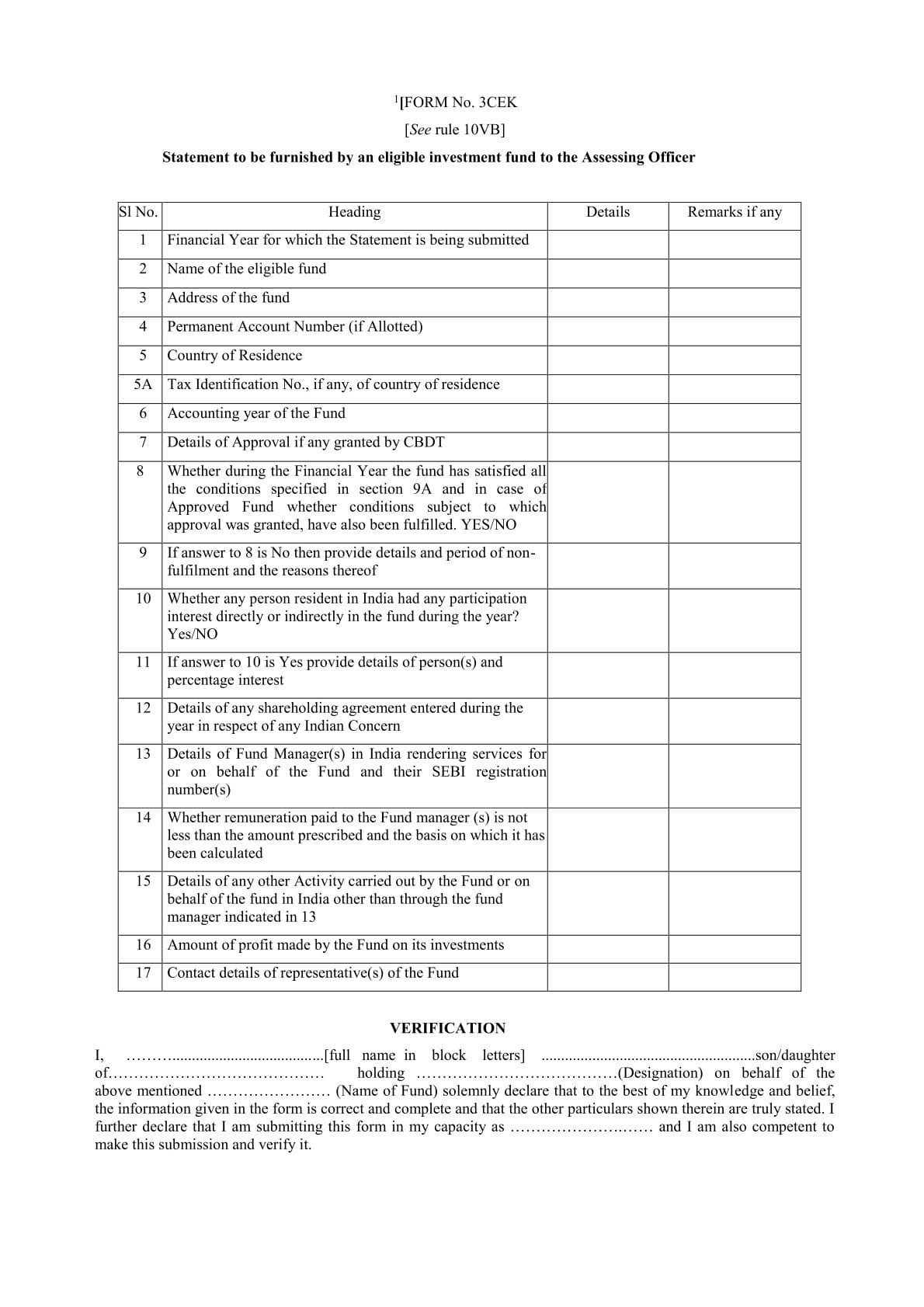 Income Form No. 3CEK Download Statement to be furnished by an eligible investment fund to the Assessing Officer