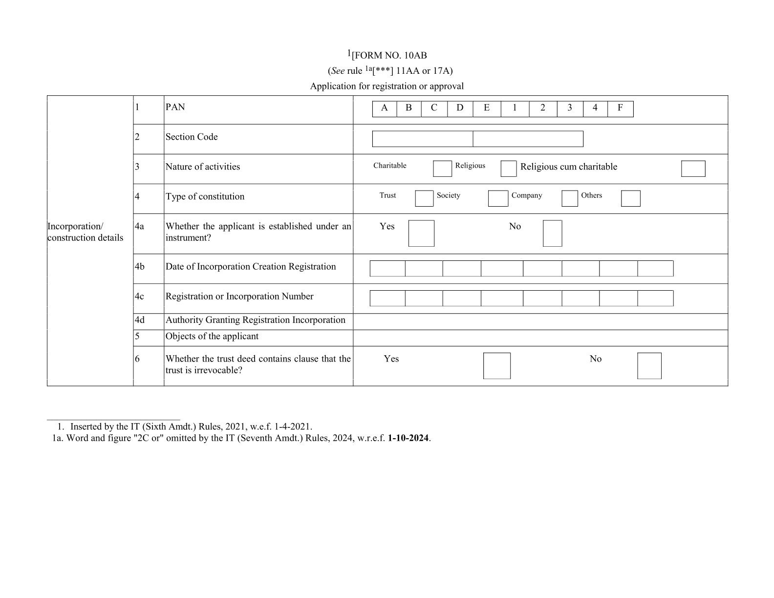 Income Tax Form No. 10AB Download Application for registration or approval