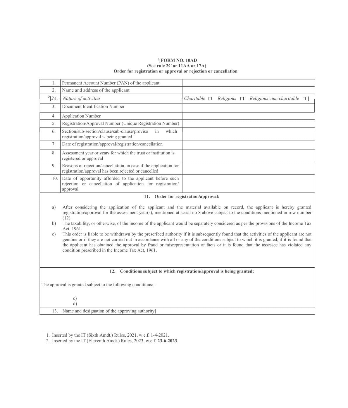 Income Tax Form No. 10AD Download Order for registration or approval or rejection or cancellation