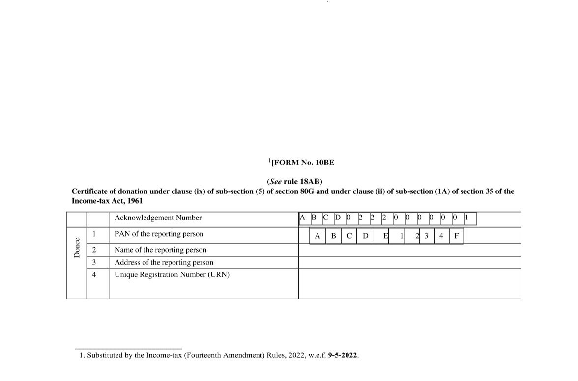 Income Tax Form No. 10BE Certificate of donation under clause (ix)