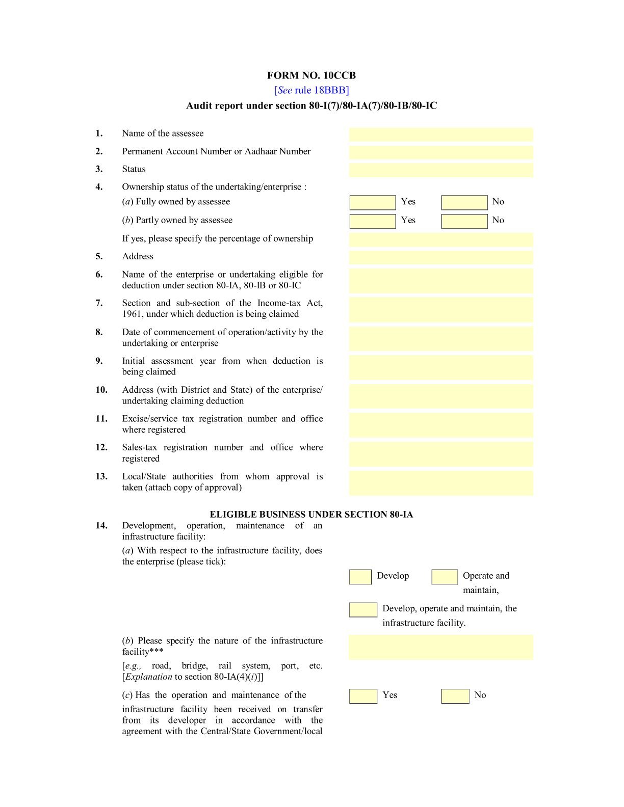 Income Tax Form No. 10CCB Download Audit report under section 80-I(7)80-IA(7)80-IB80-IC