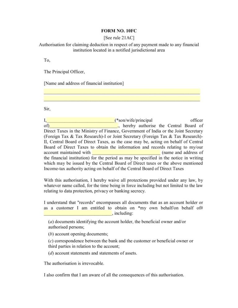 Income Tax Form No. 10FC Download Authorisation for claiming deduction ...