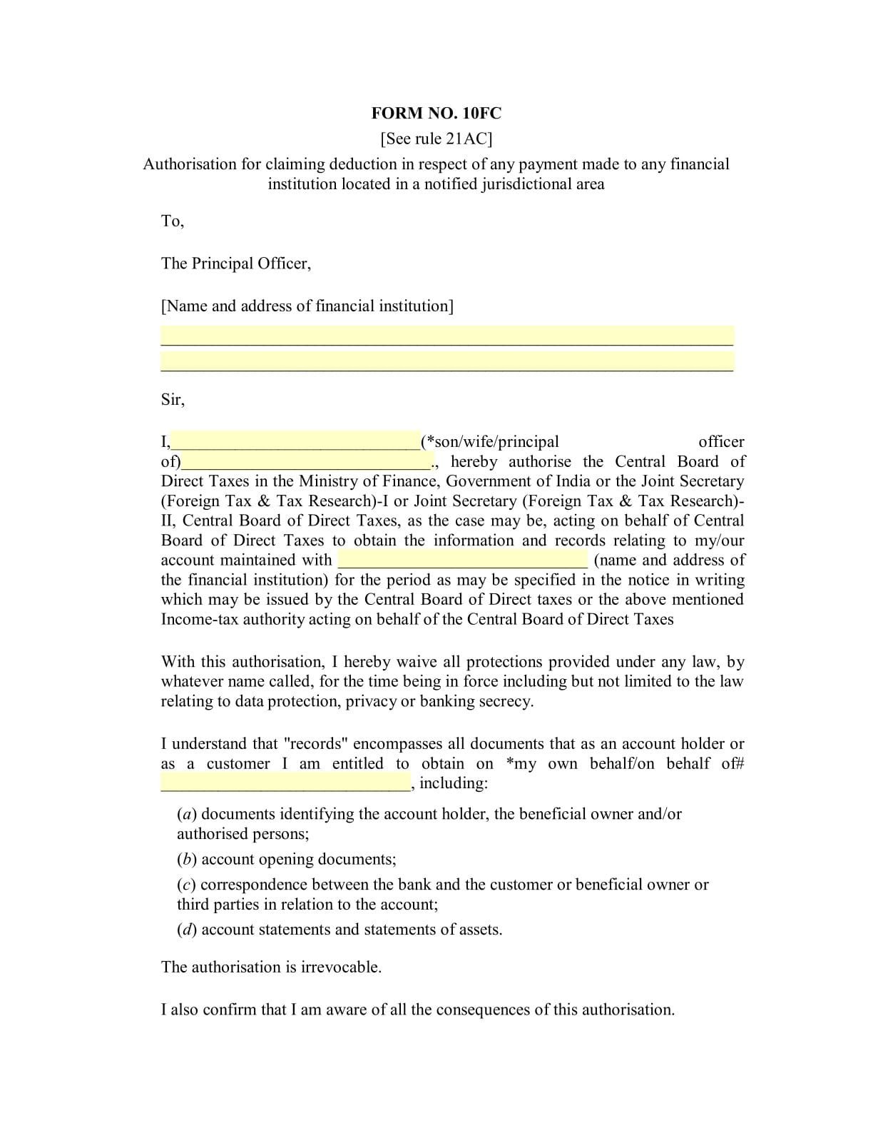 Income Tax Form No. 10FC Download Authorisation for claiming deduction in respect of any payment