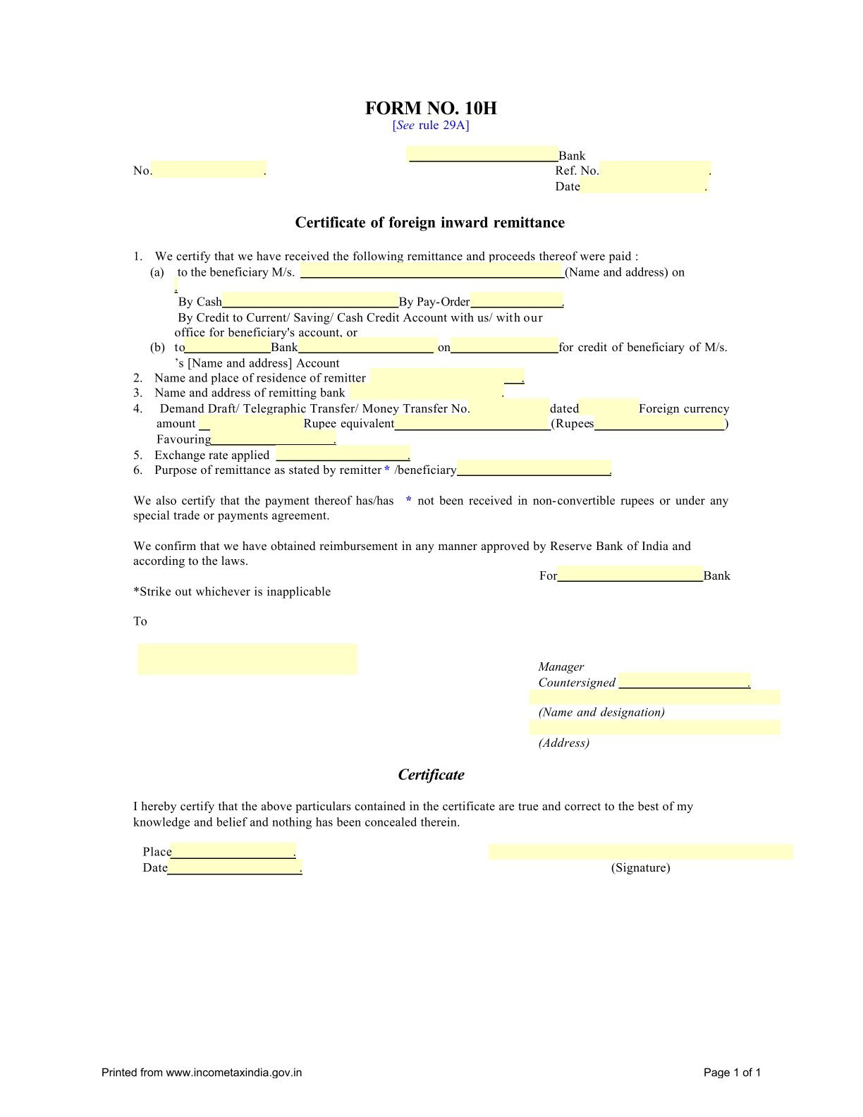 Income Tax Form No. 10H Download Certificate of foreign inward remittance