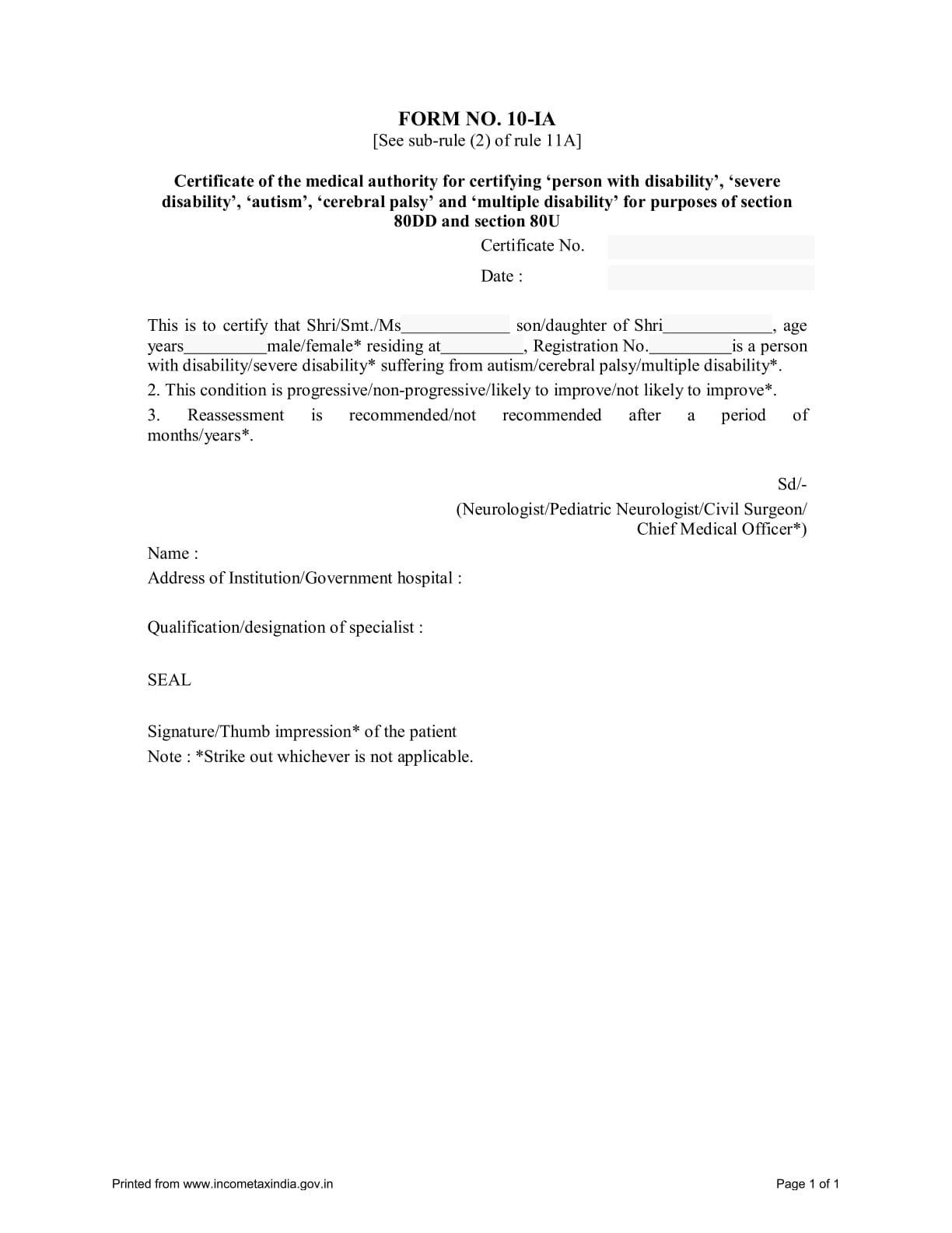 Income Tax Form No. 10IA Download Certificate of the medical authority for certifying