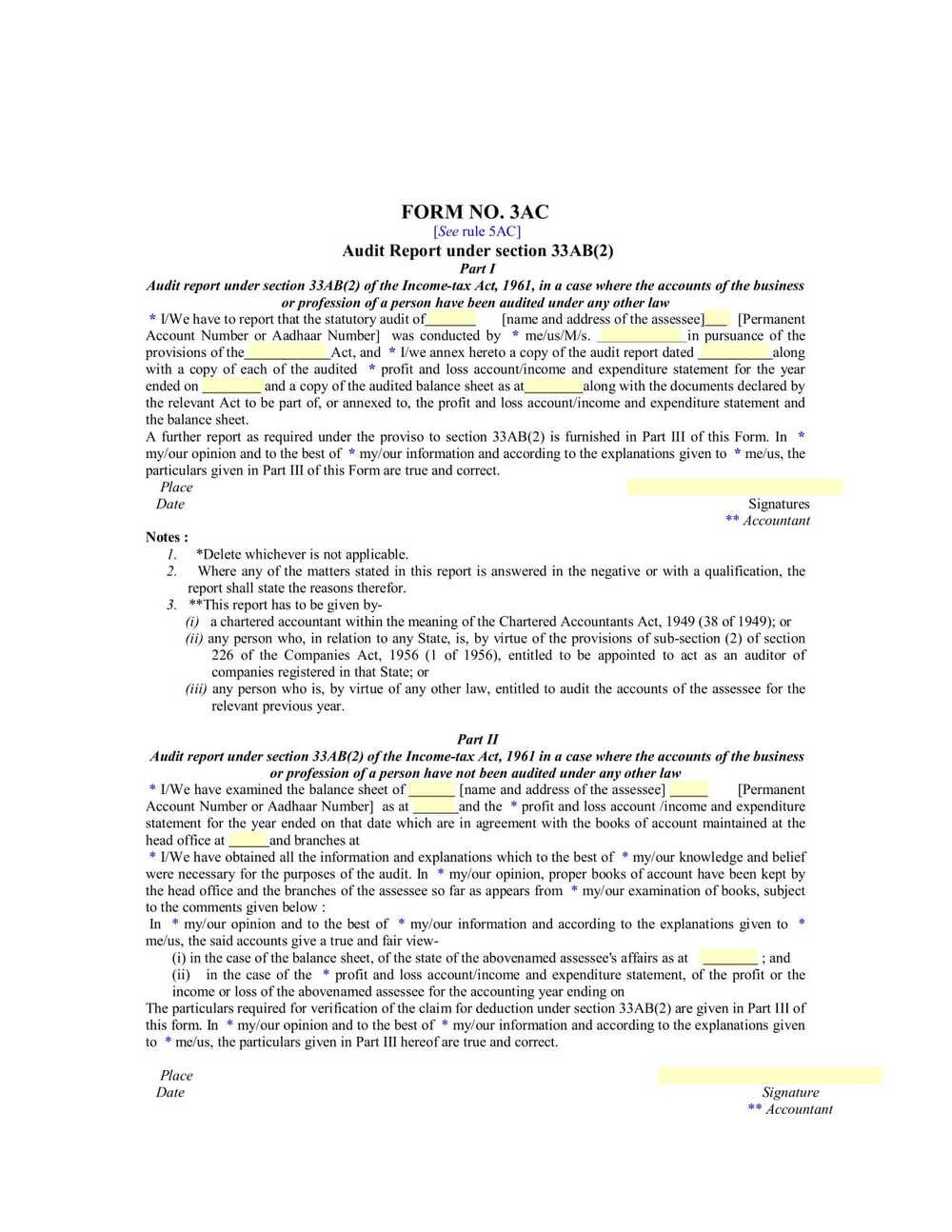 Income Tax Form No. 3AC Download Audit report under section 33AB(2)