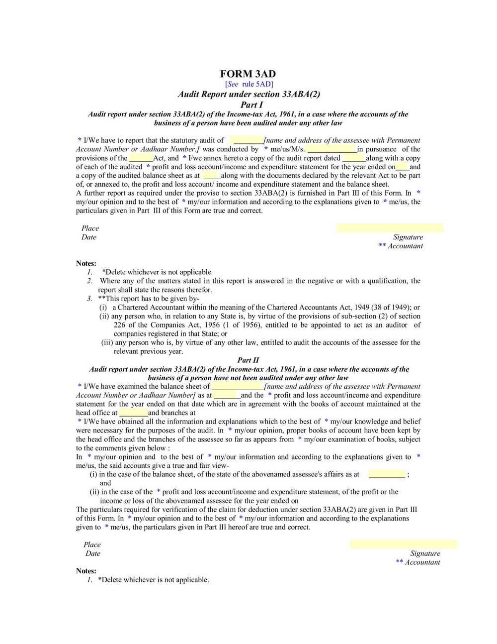 Income Tax Form No. 3AD Download Audit Report under section 33ABA(2)