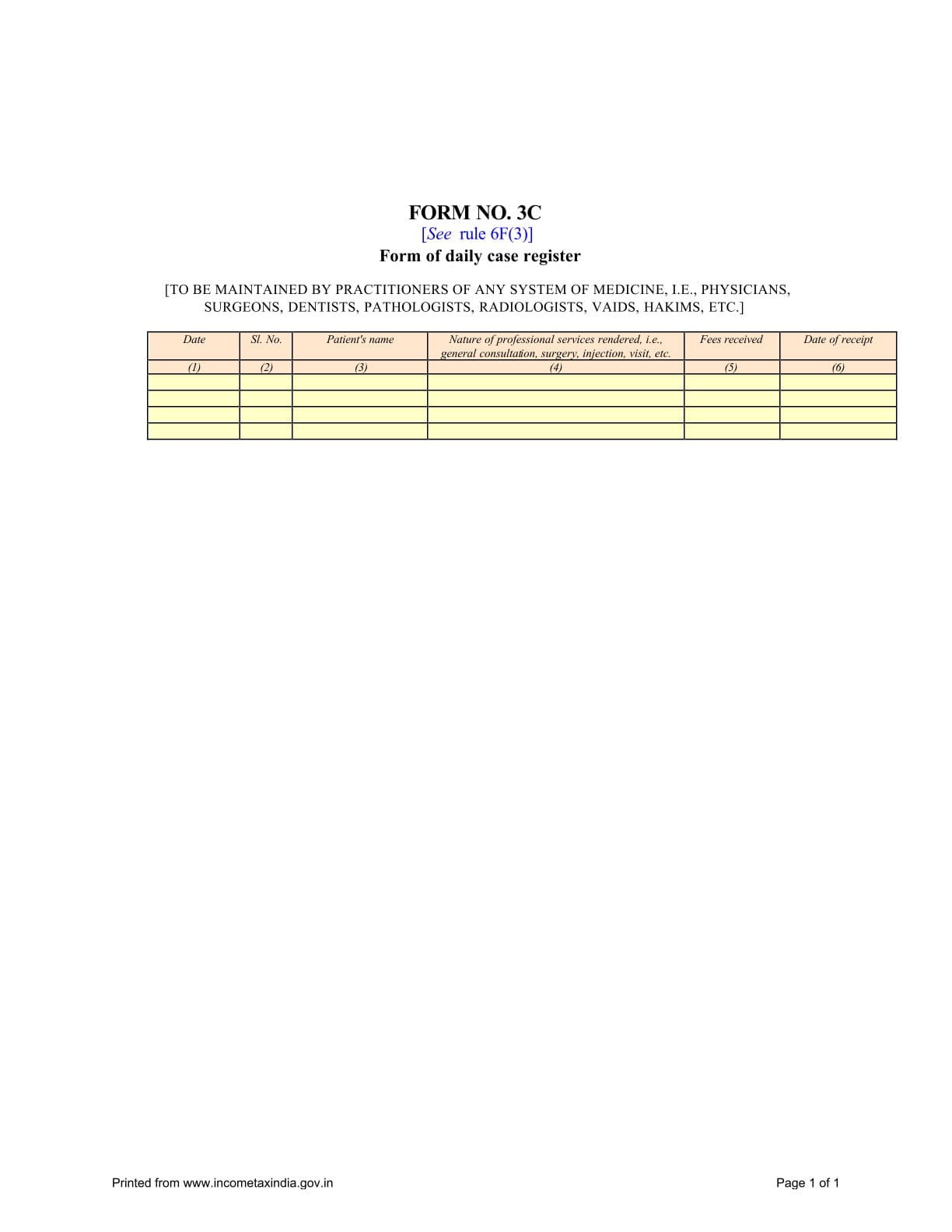 Income Tax Form No. 3C Download Form of daily case register